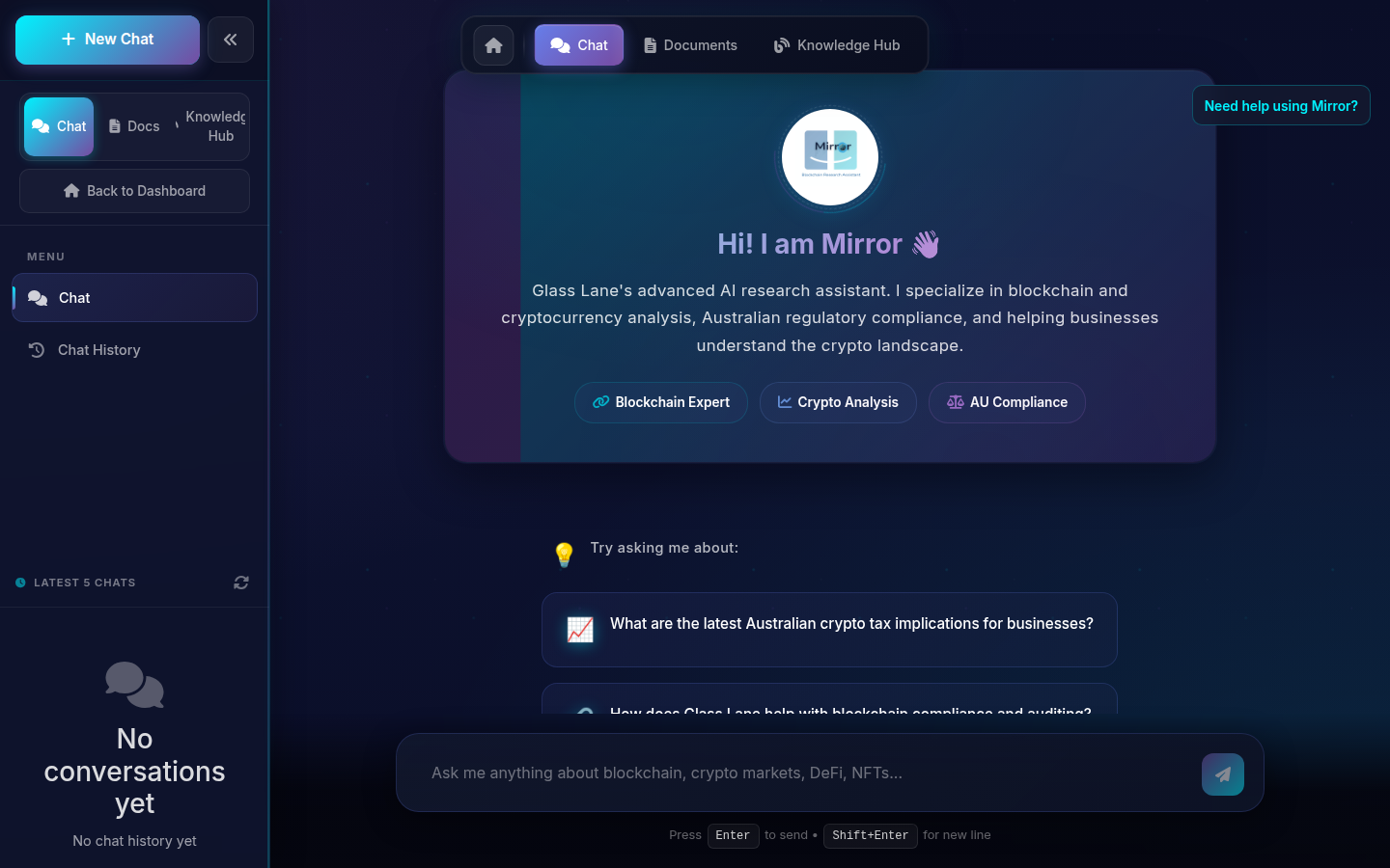 Mirror AI chat interface — explore, test hypotheses, and iterate