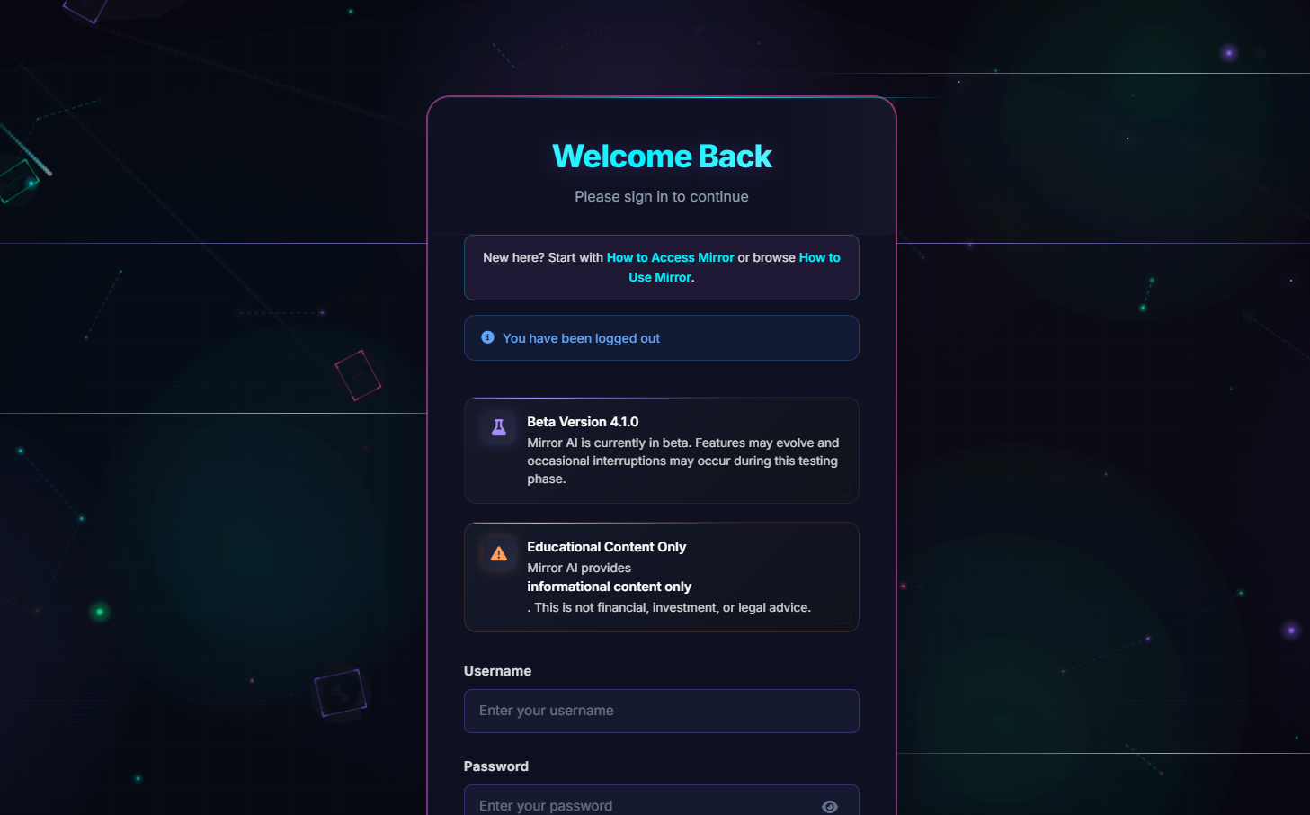 Mirror AI sign in page — choose email or wallet connect